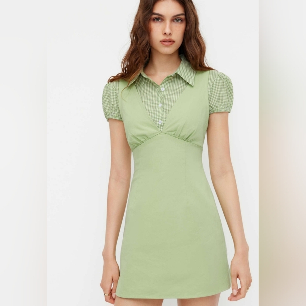 NWT Polo Neck Gingham Patched Puff Sleeve Mini One Piece Cider Dress Sz L